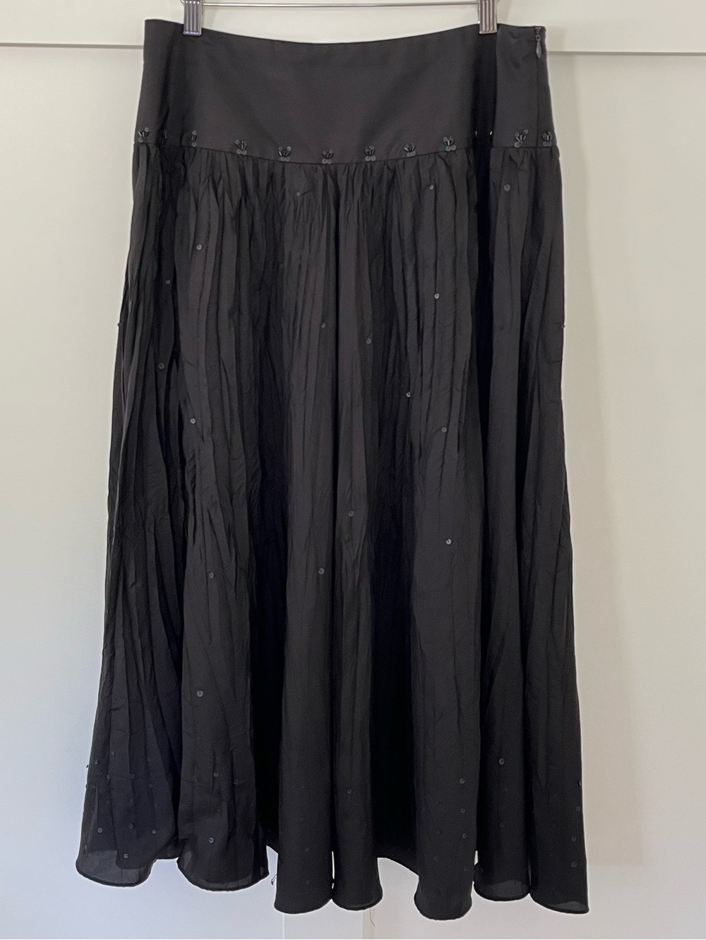 Vintage 90’s Laura Ashley 100% silk crinkle midi skirt-black sequin beaded